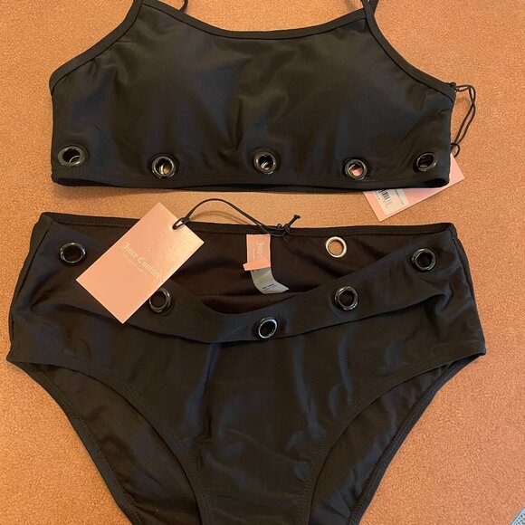 JUICY COUTURE 2PC SWIM SUIT CAMI TOP & HIGH WAISTED BOTTOMS STRAPS SIZE M NWT - Picture 1 of 7
